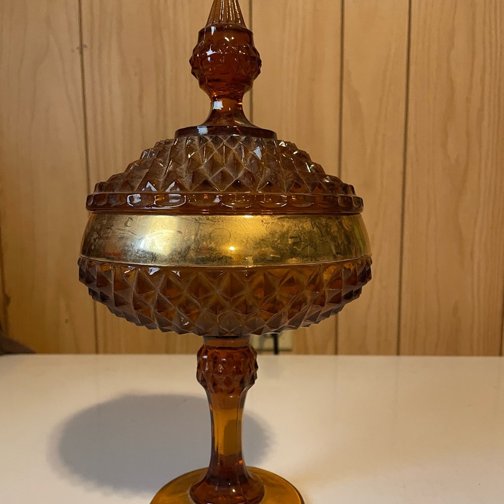 Vintage Retro Indiana Glass Amber & Gold Band Candy dish